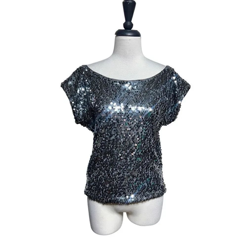 Express Fitted Silver Sequin Sleeveless Blouse Size XS